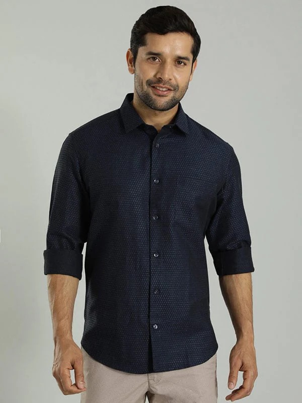 Indian Terrain Men's Slim Fit Full Sleeve Self Design Dark Blue Shirt